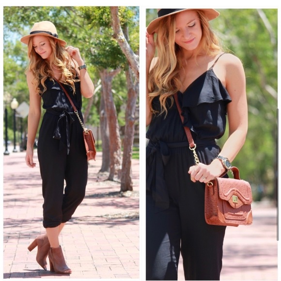 American Eagle Black Ruffle Jogger Jumpsuit - Picture 6 of 16